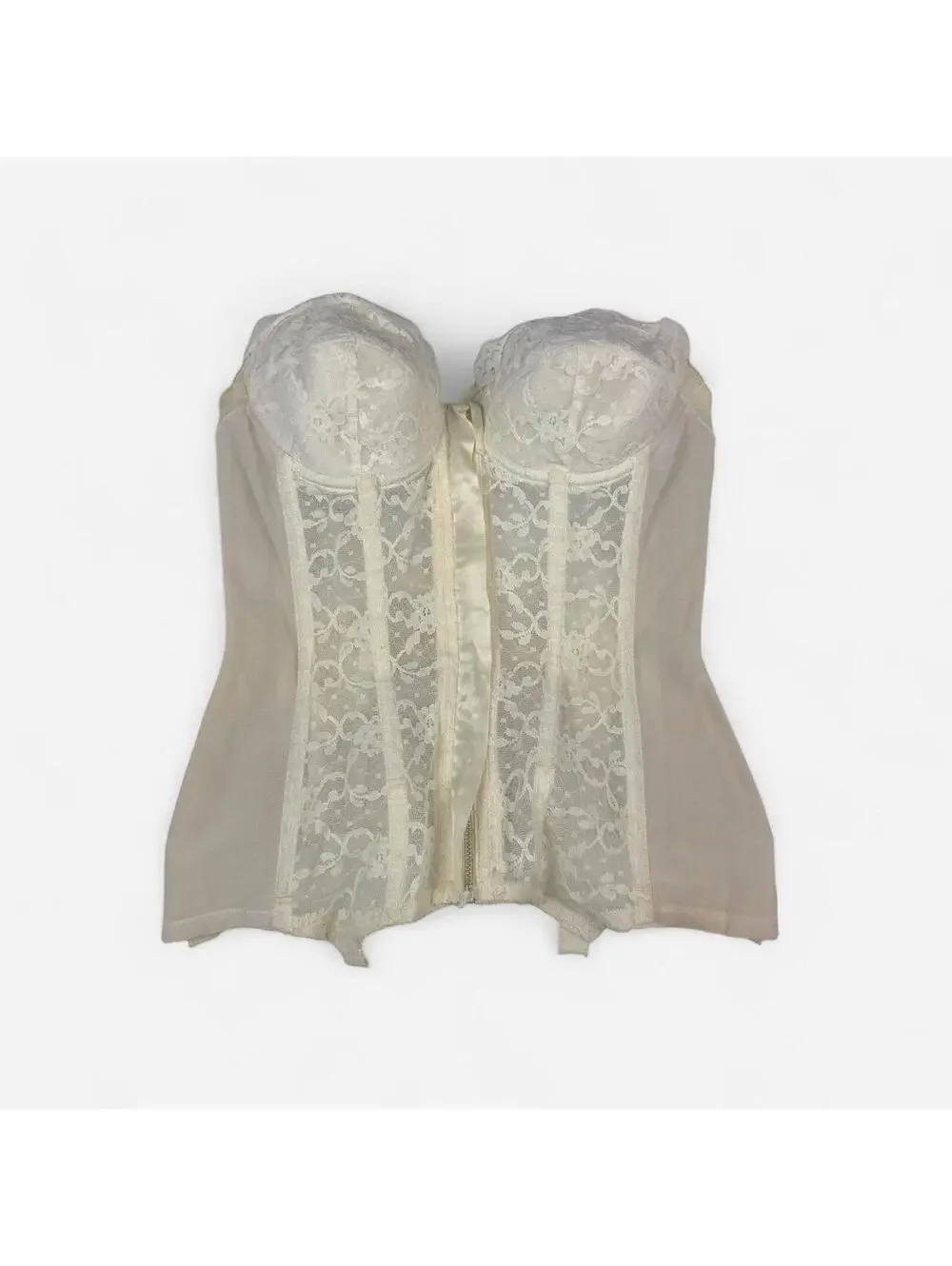 Cream ivory lace panel zip side corset bustier size 36 Cara Mia vtg